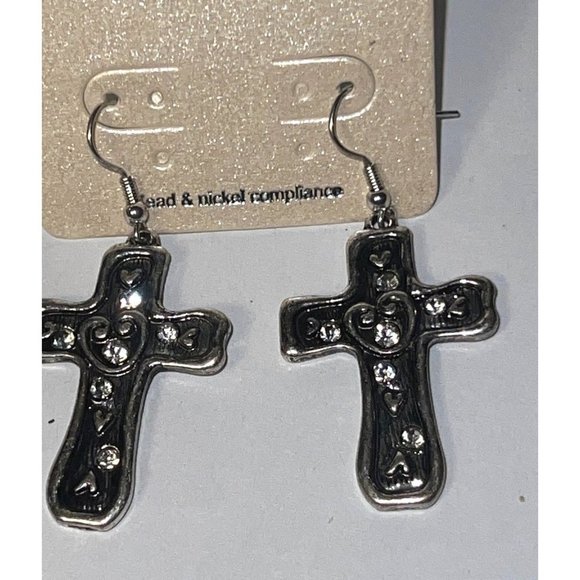 No. 3 Silver-Tone & Crystal Cross Earrings - Picture 5 of 6